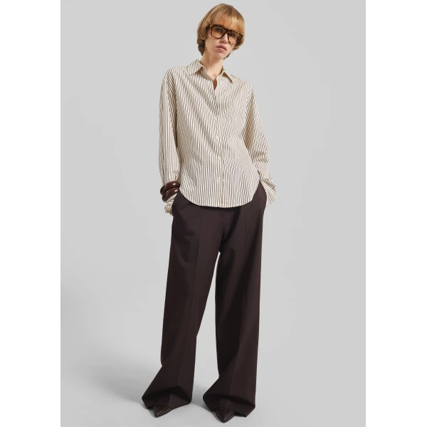 The Frankie Shop Peri Striped Fluid Shirt - Beige/Brown - Oversized Minimalist Tops in Beige - Shop at Luxury Shoes 