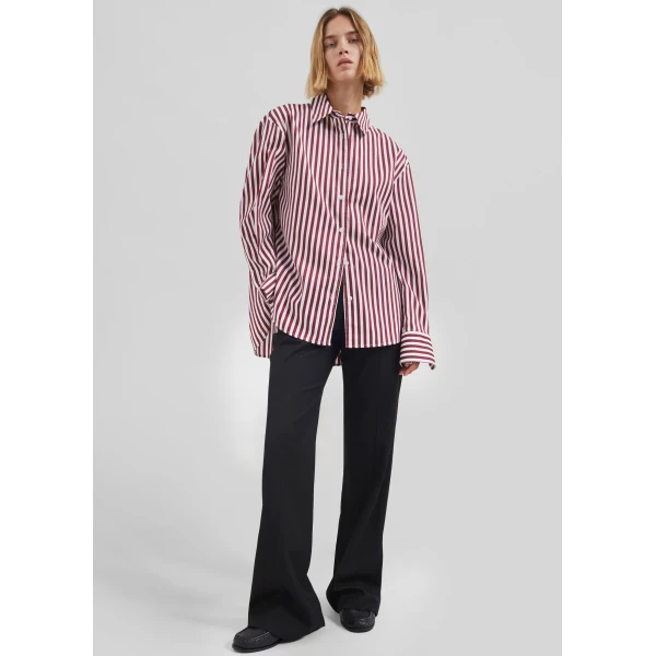 The Frankie Shop Peri Striped Poplin Shirt - Burgundy/White - Oversized Minimalist Tops in Multicolour - Shop at Luxury Shoes 