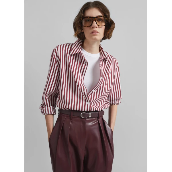 The Frankie Shop Peri Striped Poplin Shirt - Burgundy/White - Oversized Minimalist Tops in Multicolour - Shop at Luxury Shoes 
