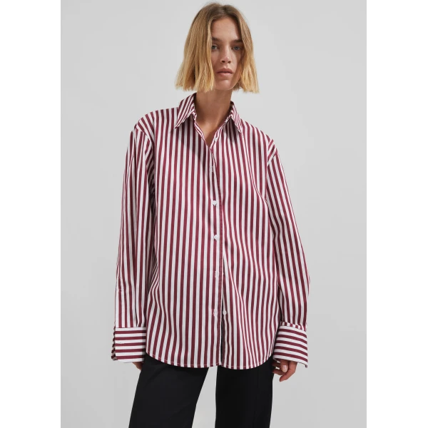 The Frankie Shop Peri Striped Poplin Shirt - Burgundy/White - Oversized Minimalist Tops in Multicolour - Shop at Luxury Shoes 