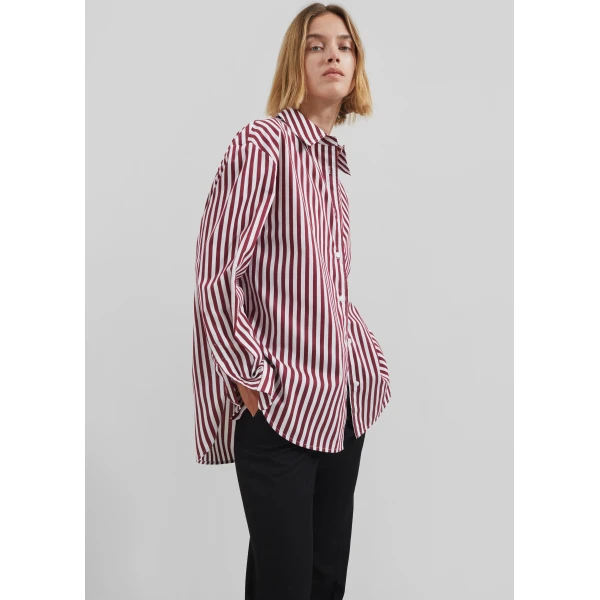 The Frankie Shop Peri Striped Poplin Shirt - Burgundy/White - Oversized Minimalist Tops in Multicolour - Shop at Luxury Shoes 