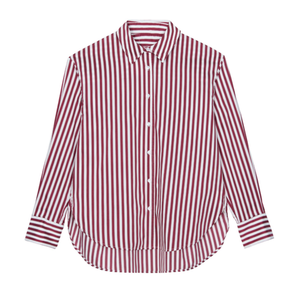 The Frankie Shop Peri Striped Poplin Shirt - Burgundy/White - Oversized Minimalist Tops in Multicolour - Shop at Luxury Shoes 