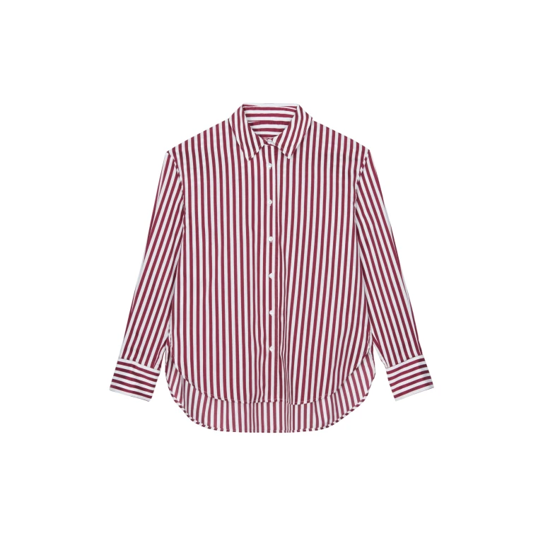 The Frankie Shop Peri Striped Poplin Shirt - Burgundy/White - Oversized Minimalist Tops in Multicolour - Shop at Luxury Shoes 