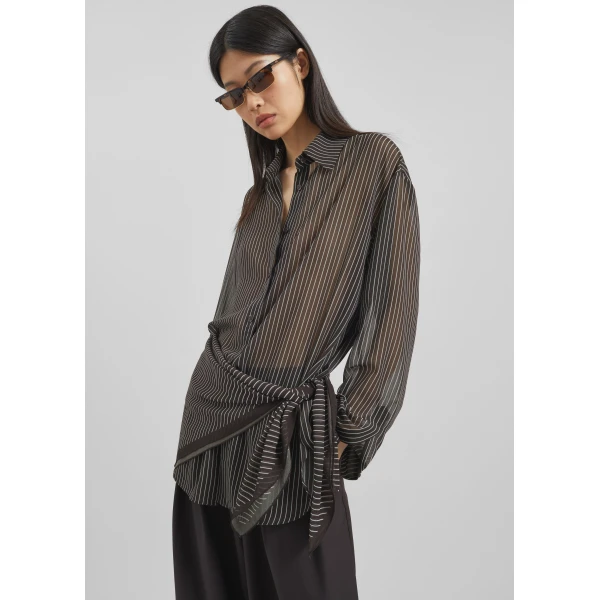 The Frankie Shop Peri Striped Shirt - Brown/White Stripe - Oversized Minimalist Tops in Multicolour - Shop at Luxury Shoes 