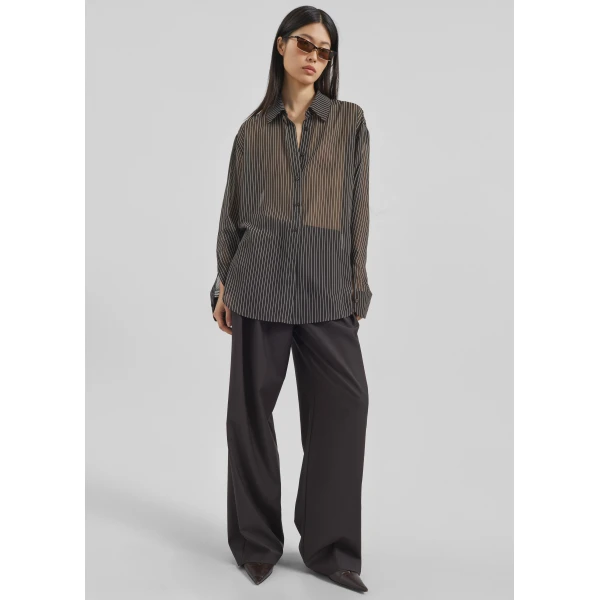 The Frankie Shop Peri Striped Shirt - Brown/White Stripe - Oversized Minimalist Tops in Multicolour - Shop at Luxury Shoes 