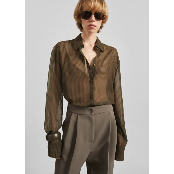 The Frankie Shop Peri Striped Shirt - Olive/Black Stripe - Oversized Minimalist Tops in Multicolour - Shop at Luxury Shoes 