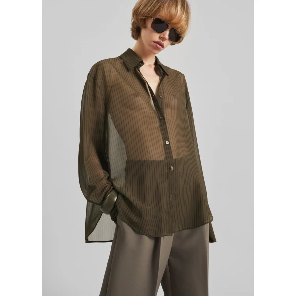 The Frankie Shop Peri Striped Shirt - Olive/Black Stripe - Oversized Minimalist Tops in Multicolour - Shop at Luxury Shoes 