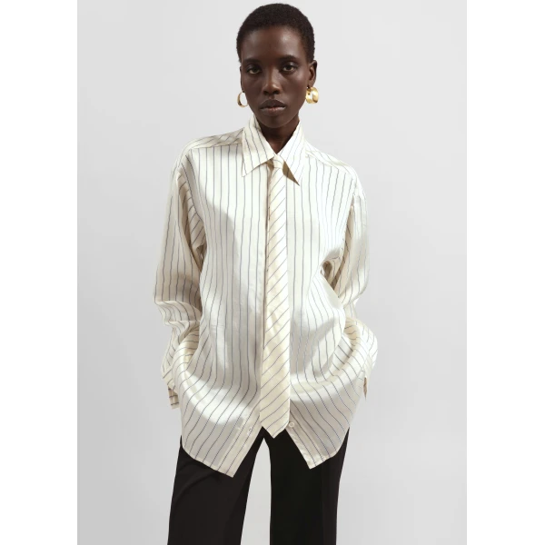 The Frankie Shop Peri Striped Silk Shirt - Cream/Navy Stripe - Oversized Minimalist Tops in Multicolour - Shop at Luxury Shoes 