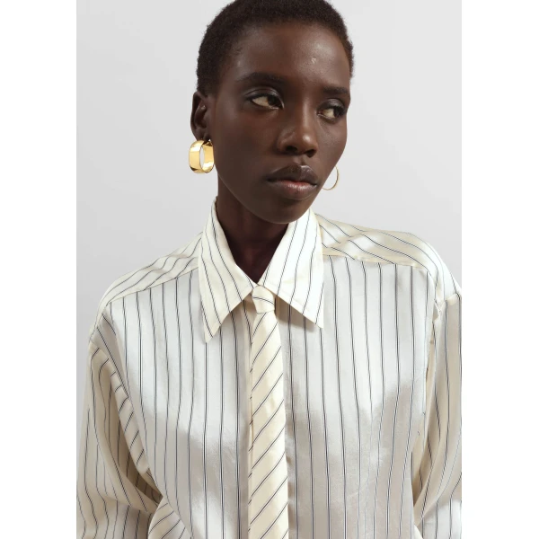 The Frankie Shop Peri Striped Silk Shirt - Cream/Navy Stripe - Oversized Minimalist Tops in Multicolour - Shop at Luxury Shoes 