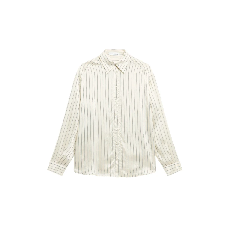 The Frankie Shop Peri Striped Silk Shirt - Cream/Navy Stripe - Oversized Minimalist Tops in Multicolour - Shop at Luxury Shoes 