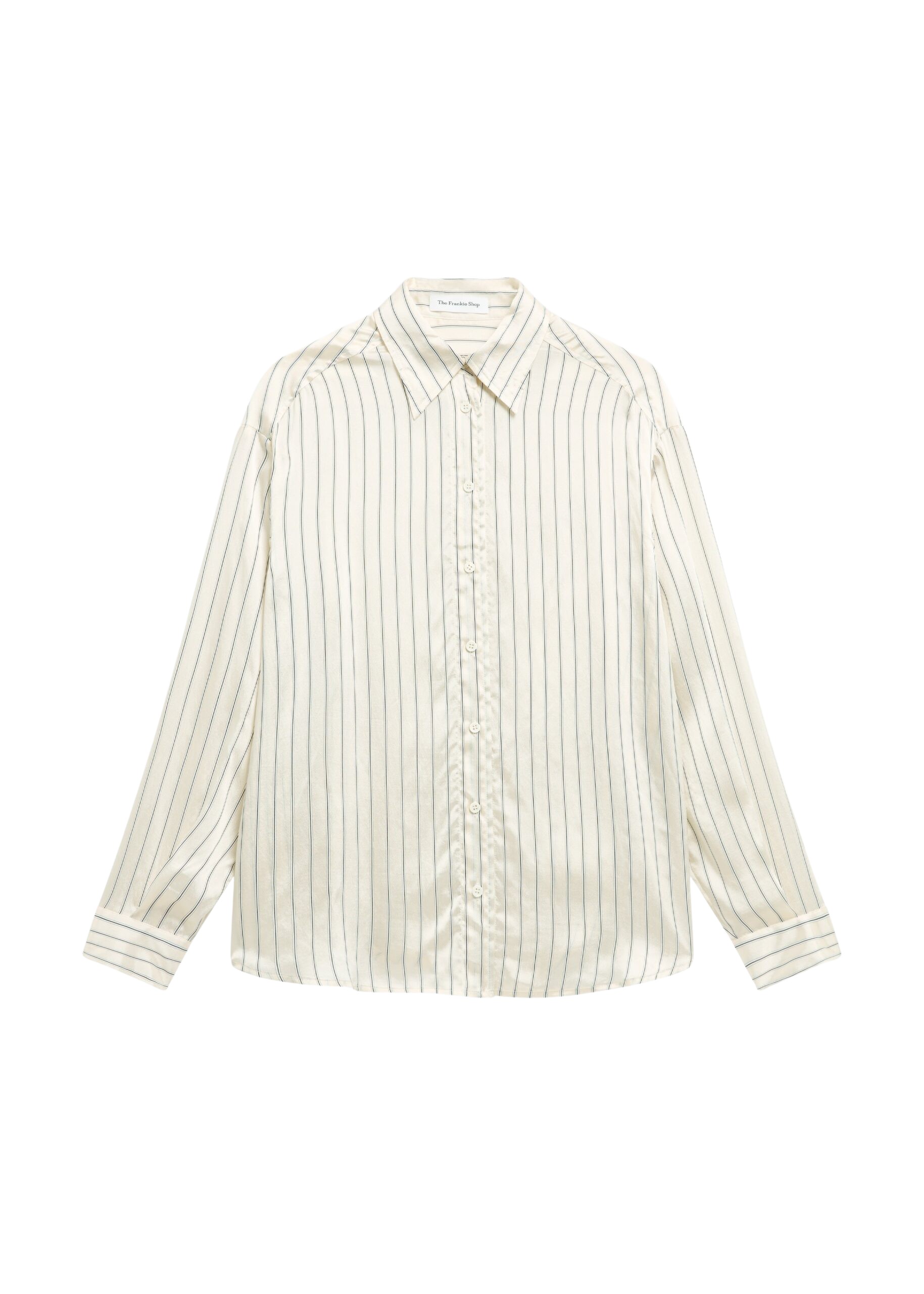 The Frankie Shop Peri Striped Silk Shirt - Cream/Navy Stripe - Oversized Minimalist Tops in Multicolour - Shop at Luxury Shoes 