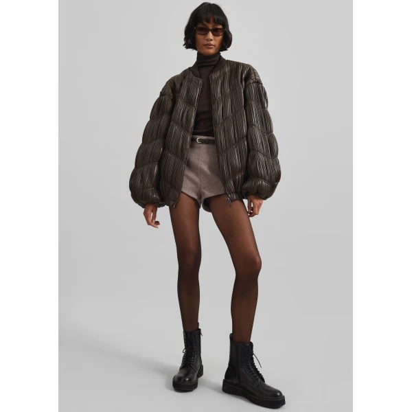 The Frankie Shop Pleated Bomber Jacket - Chocolate Brown - Oversized Minimalist Jackets in Beige - Shop at Luxury Shoes 