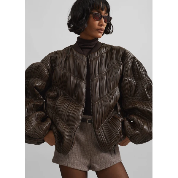 The Frankie Shop Pleated Bomber Jacket - Chocolate Brown - Oversized Minimalist Jackets in Beige - Shop at Luxury Shoes 