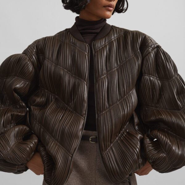 The Frankie Shop Pleated Bomber Jacket – Chocolate Brown, view 3