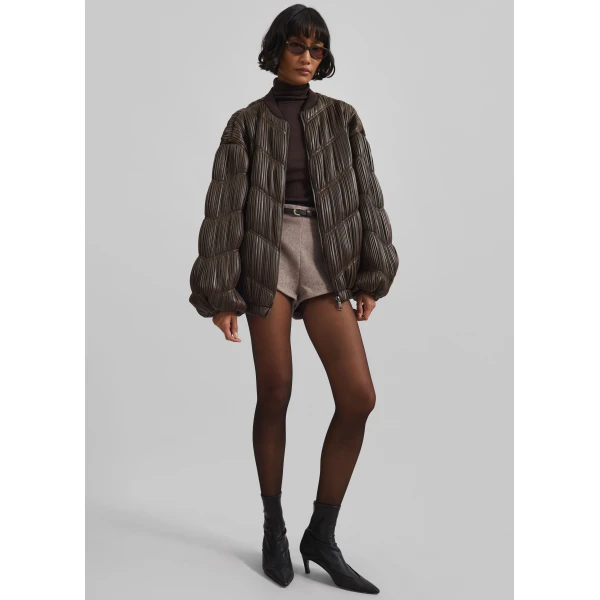 The Frankie Shop Pleated Bomber Jacket - Chocolate Brown - Oversized Minimalist Jackets in Beige - Shop at Luxury Shoes 
