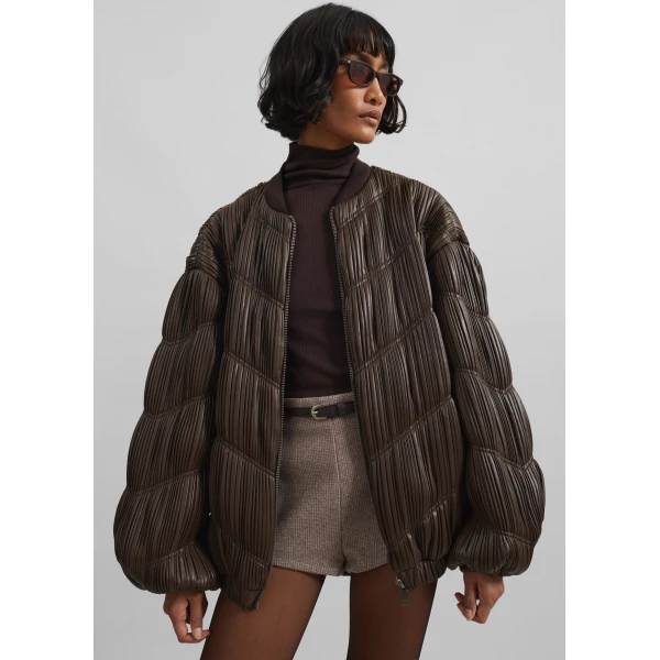 The Frankie Shop Pleated Bomber Jacket - Chocolate Brown - Oversized Minimalist Jackets in Beige - Shop at Luxury Shoes 