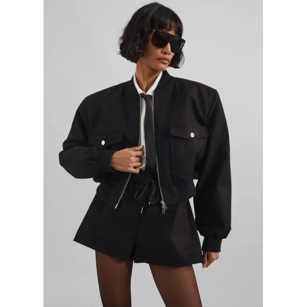 The Frankie Shop Pomona Crop Bomber Jacket - Black - Oversized Minimalist Jackets in Black - Shop at Luxury Shoes 