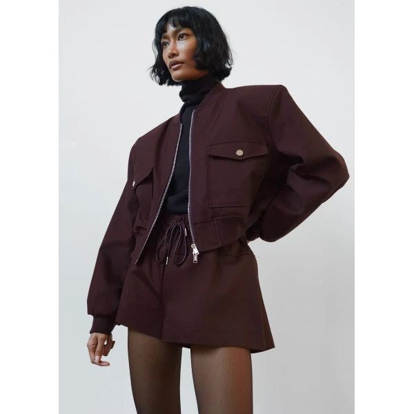 The Frankie Shop Pomona Crop Bomber Jacket - Burgundy - Oversized Minimalist Jackets in Red - Shop at Luxury Shoes 