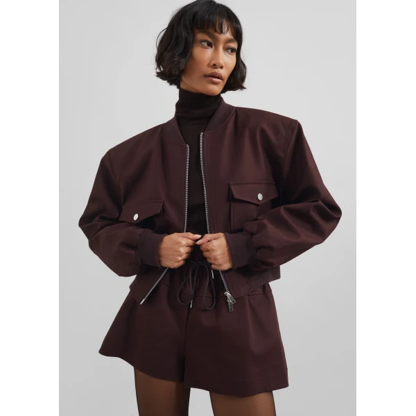 The Frankie Shop Pomona Crop Bomber Jacket - Burgundy - Oversized Minimalist Jackets in Red - Shop at Luxury Shoes 