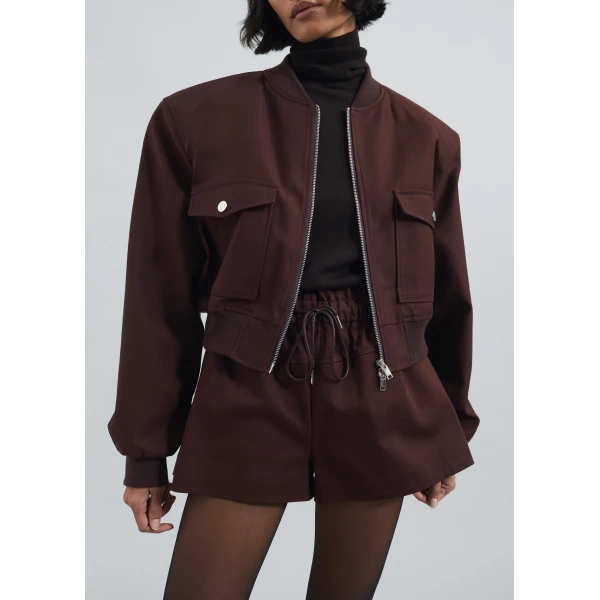The Frankie Shop Pomona Crop Bomber Jacket - Burgundy - Oversized Minimalist Jackets in Red - Shop at Luxury Shoes 