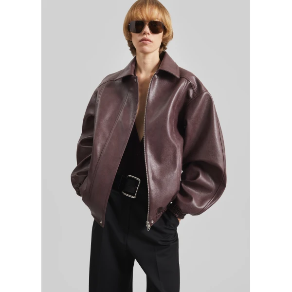 The Frankie Shop Prescott Faux Leather Jacket - Burgundy - Oversized Minimalist Jackets in Red - Shop at Luxury Shoes 