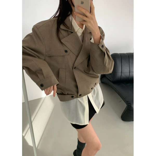 The Frankie Shop Rillan Double-Breasted Blouson Jacket - Taupe Melange - Oversized Minimalist Jackets in Beige - Shop at Luxury Shoes 