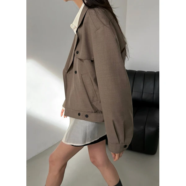 The Frankie Shop Rillan Double-Breasted Blouson Jacket - Taupe Melange - Oversized Minimalist Jackets in Beige - Shop at Luxury Shoes 