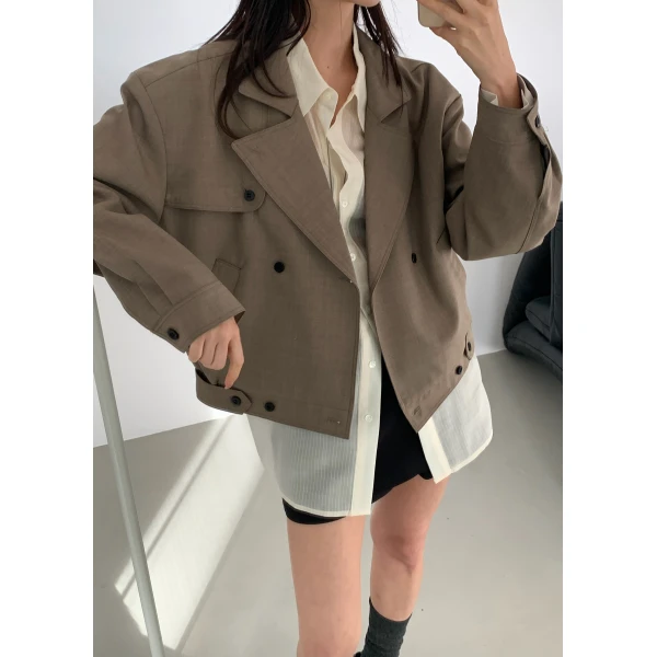 The Frankie Shop Rillan Double-Breasted Blouson Jacket - Taupe Melange - Oversized Minimalist Jackets in Beige - Shop at Luxury Shoes 