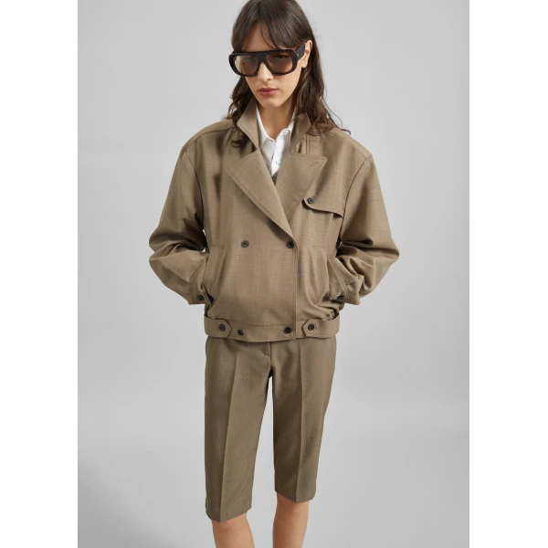 The Frankie Shop Rillan Double-Breasted Blouson Jacket - Taupe Melange - Oversized Minimalist Jackets in Beige - Shop at Luxury Shoes 