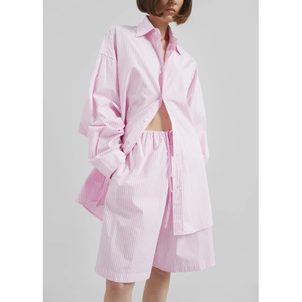 The Frankie Shop Rimini Bermuda Shorts - Pink/White Stripe - Oversized Minimalist Shorts in Multicolour - Shop at Luxury Shoes 