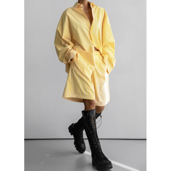 The Frankie Shop Rimini Bermuda Shorts - Yellow/White Stripe - Oversized Minimalist Shorts in Multicolour - Shop at Luxury Shoes 