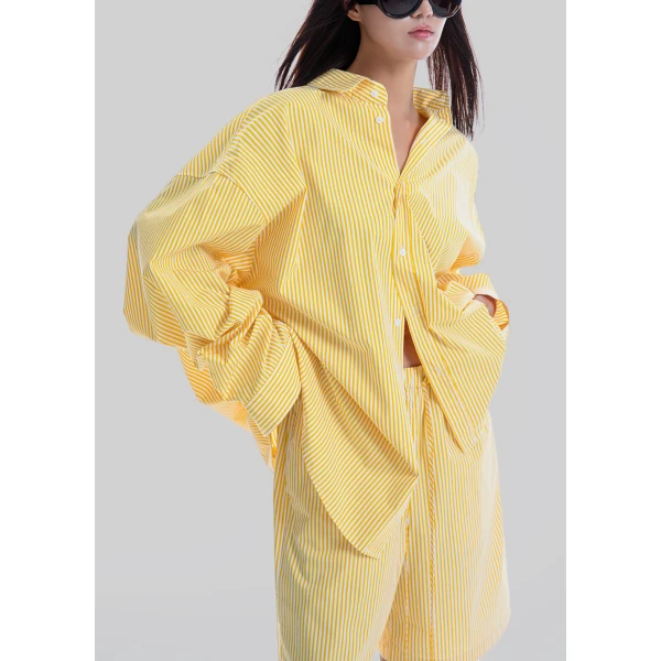 The Frankie Shop Rimini Bermuda Shorts - Yellow/White Stripe - Oversized Minimalist Shorts in Multicolour - Shop at Luxury Shoes 