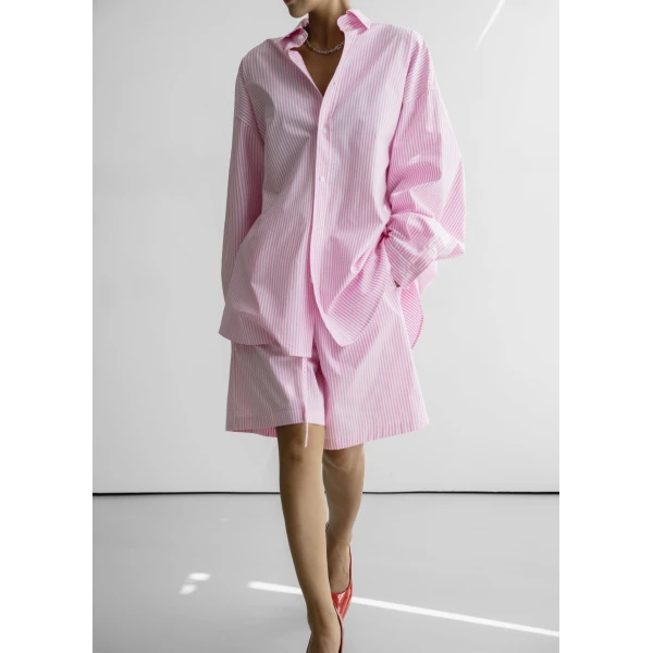 The Frankie Shop Rimini Oversized Poplin Shirt - Pink/White Stripe - Oversized Minimalist Tops in Multicolour - Shop at Luxury Shoes 