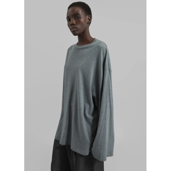The Frankie Shop Rio Oversized Sleeve Tee - Dark Grey Melange - Oversized Minimalist Tops in Grey - Shop at Luxury Shoes 
