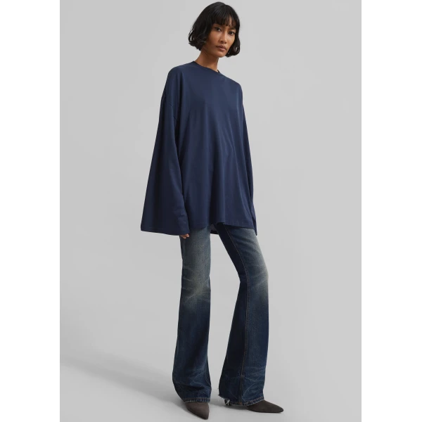 The Frankie Shop Rio Oversized Sleeve Tee - Dark Navy - Oversized Minimalist Tops in Blue - Shop at Luxury Shoes 