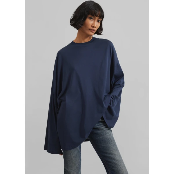The Frankie Shop Rio Oversized Sleeve Tee - Dark Navy - Oversized Minimalist Tops in Blue - Shop at Luxury Shoes 