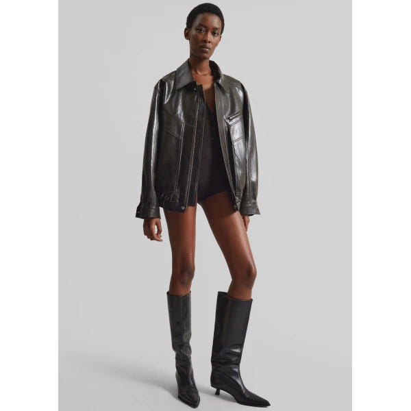 The Frankie Shop Risner Faux Leather Jacket - Dark Brown - Oversized Minimalist Jackets in Beige - Shop at Luxury Shoes 