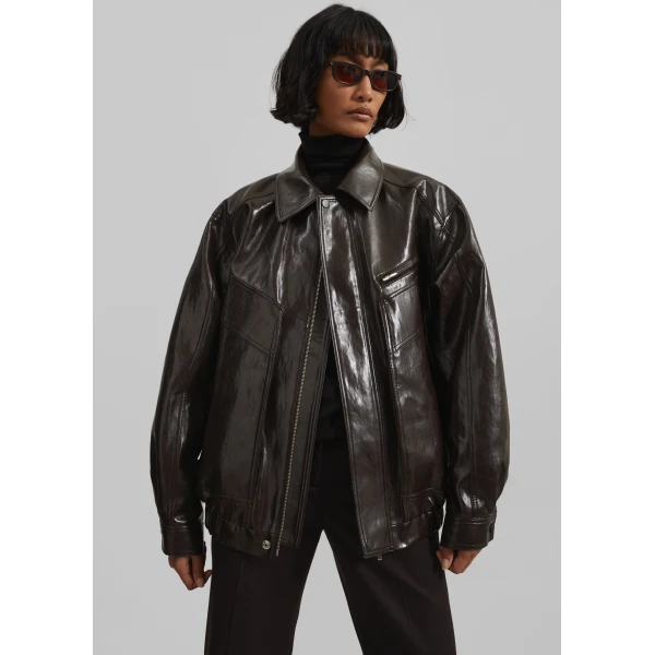 The Frankie Shop Risner Faux Leather Jacket - Dark Brown - Oversized Minimalist Jackets in Beige - Shop at Luxury Shoes 