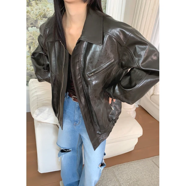 The Frankie Shop Risner Faux Leather Jacket - Dark Brown - Oversized Minimalist Jackets in Beige - Shop at Luxury Shoes 
