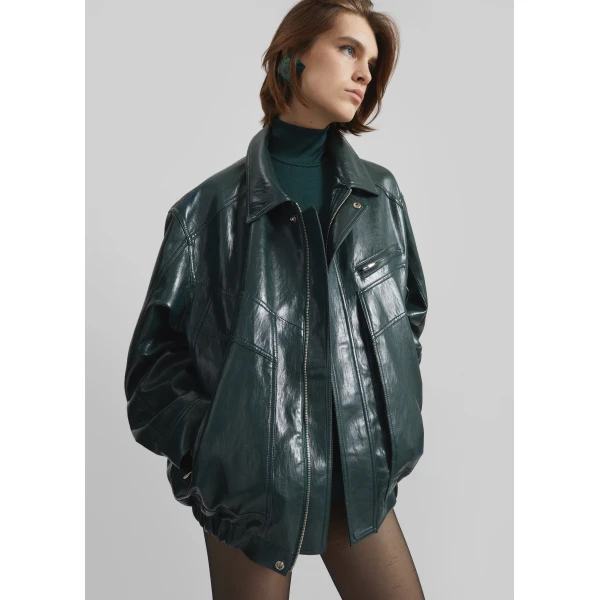 The Frankie Shop Risner Faux Leather Jacket - Deep Green - Oversized Minimalist Jackets in Green - Shop at Luxury Shoes 