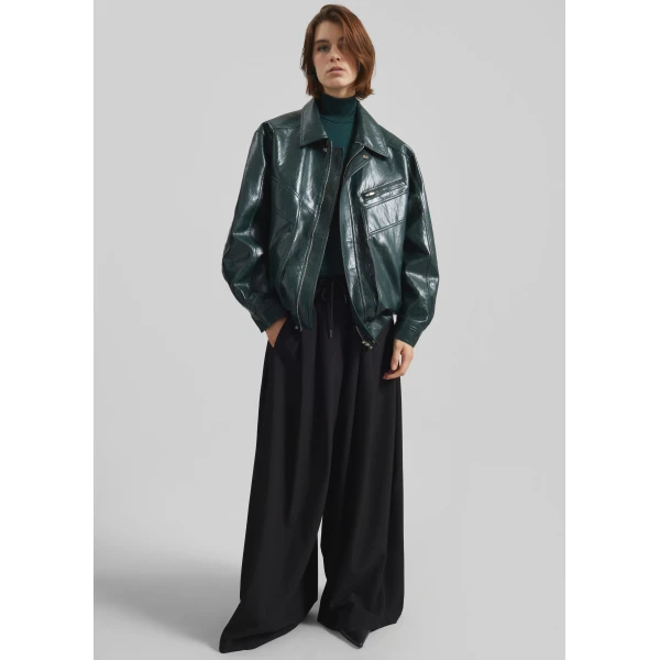 The Frankie Shop Risner Faux Leather Jacket - Deep Green - Oversized Minimalist Jackets in Green - Shop at Luxury Shoes 