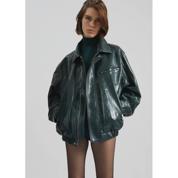 The Frankie Shop Risner Faux Leather Jacket - Deep Green - Oversized Minimalist Jackets in Green - Shop at Luxury Shoes 
