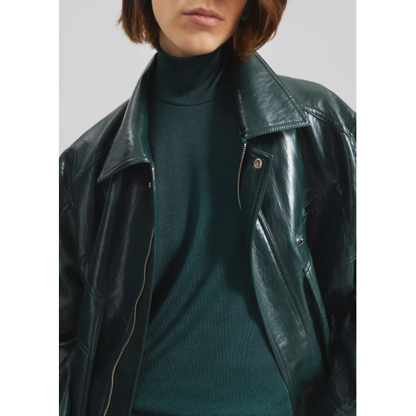 The Frankie Shop Risner Faux Leather Jacket - Deep Green - Oversized Minimalist Jackets in Green - Shop at Luxury Shoes 