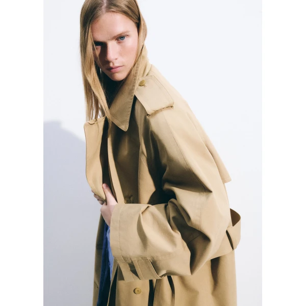The Frankie Shop Riva Cotton Trench Coat - Camel - Oversized Minimalist Coats in Beige - Shop at Luxury Shoes 