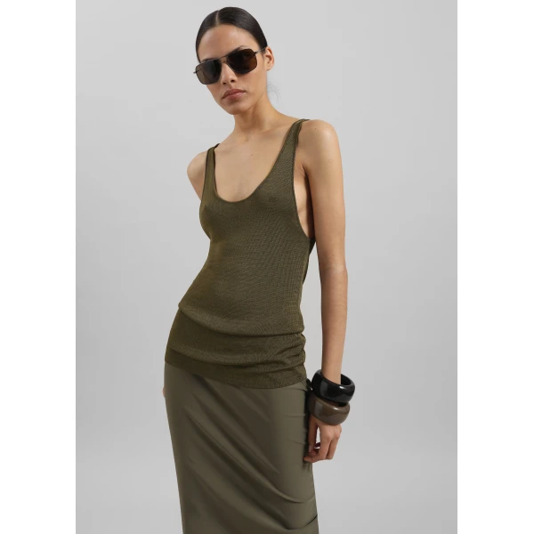 The Frankie Shop Rivo Knit Tank Top - Khaki - Oversized Minimalist Tops in Green - Shop at Luxury Shoes 