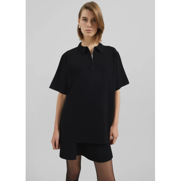 The Frankie Shop Riya Zip-Up Polo - Black - Oversized Minimalist Tops in Black - Shop at Luxury Shoes 