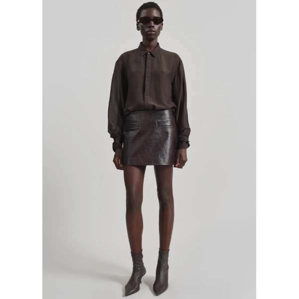 The Frankie Shop Rory Croc Leather Mini Skirt - Dark Brown - Oversized Minimalist Skirts in Beige - Shop at Luxury Shoes 