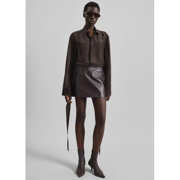 The Frankie Shop Rory Croc Leather Mini Skirt - Dark Brown - Oversized Minimalist Skirts in Beige - Shop at Luxury Shoes 