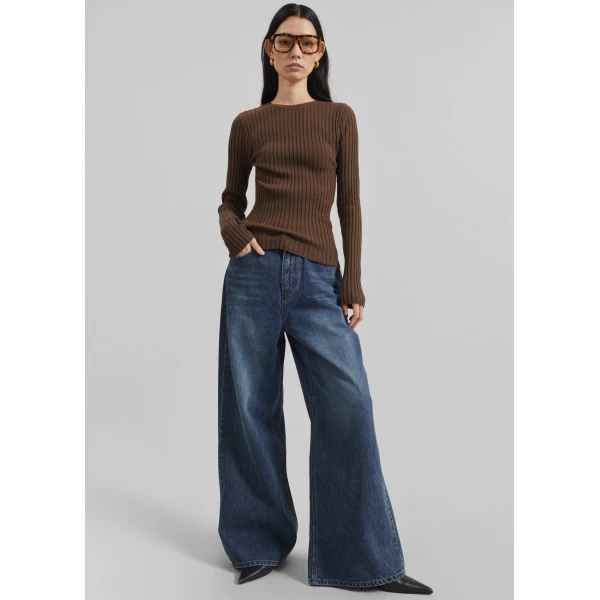 The Frankie Shop Ruan Ribbed Knit Top - Brown - Oversized Minimalist Tops in Beige - Shop at Luxury Shoes 