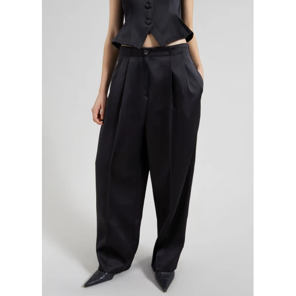 The Frankie Shop Rui Satin Trousers - Black - Oversized Minimalist Pants in Black - Shop at Luxury Shoes 